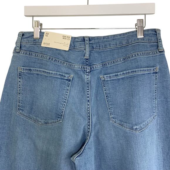 Ana High Rise Wide Leg Jeans Size 12 Button Fly Stretch Denim Blue NEW Raw Hem - Picture 7 of 9
